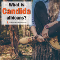 Woman sitting on tree stump in forest with overlay: What is Candida albicans?