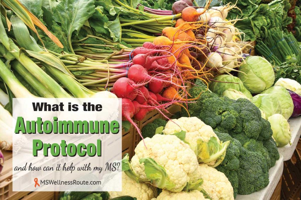 A grocery store shelf of veggies with overlay: What is the Autoimmune Protocol and how can it help with my MS?