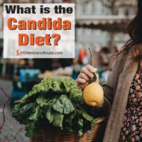 Woman with basket of veggies and lemon with overlay: What is the candida diet?