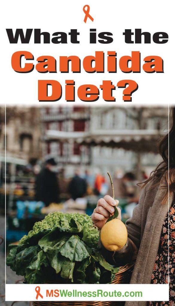 Woman holding basket of veggies and lemon with headline: What is the candida diet?