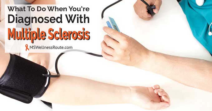 Doctor checking patients blood pressure with overlay: What to do When You're Diagnosed with MS