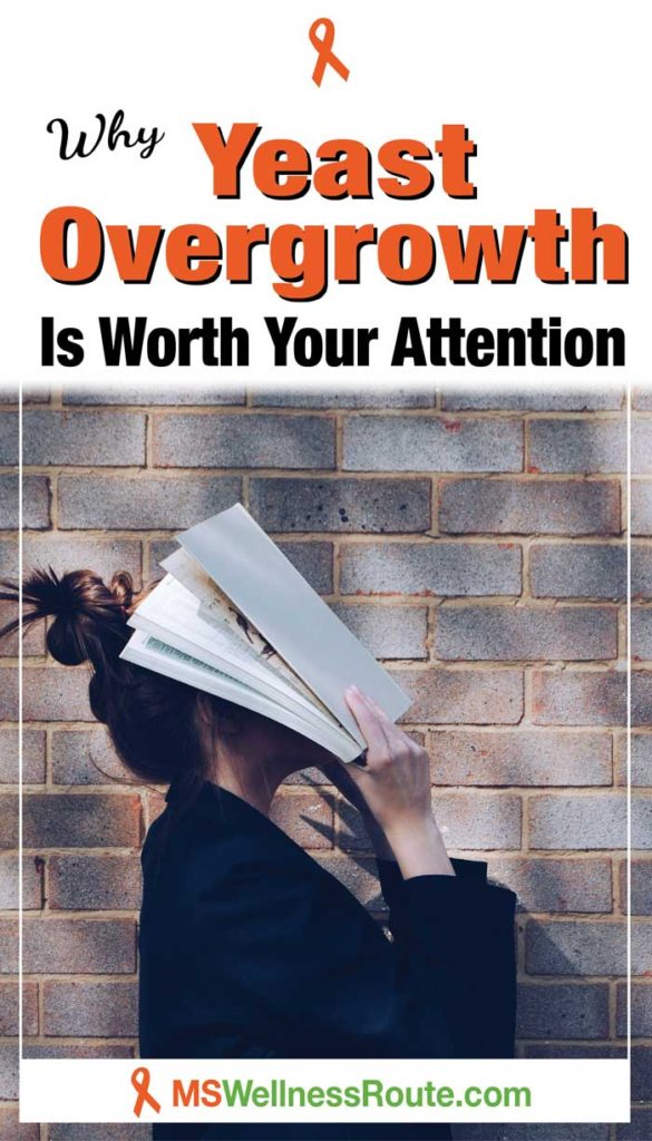 Woman hiding her face under a book with headline: Why Yeast Overgrowth Is Worth Your Attention