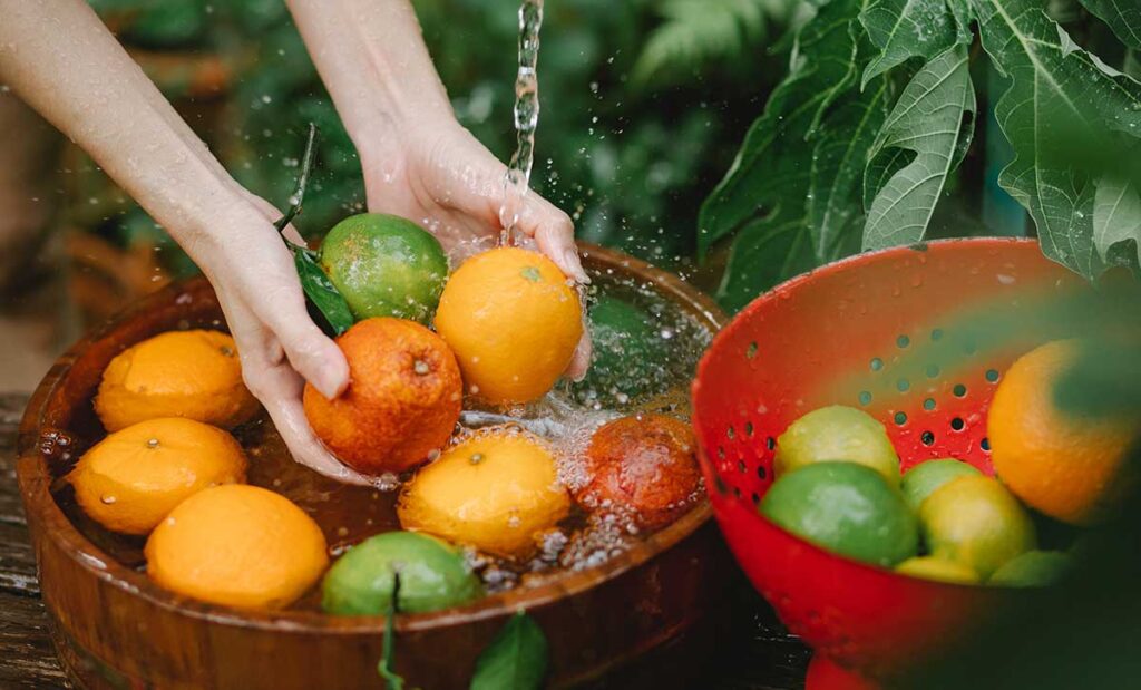 Woman washing citrus fruits outdoors in a wooden barrel.