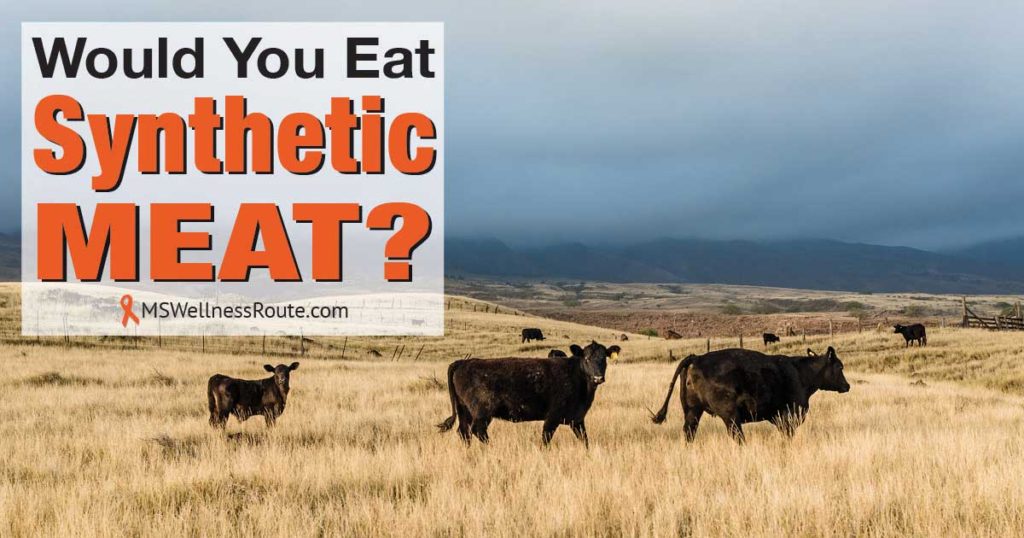 Black cows on base of mountain range with overlay: Would you eat synthetic meat?