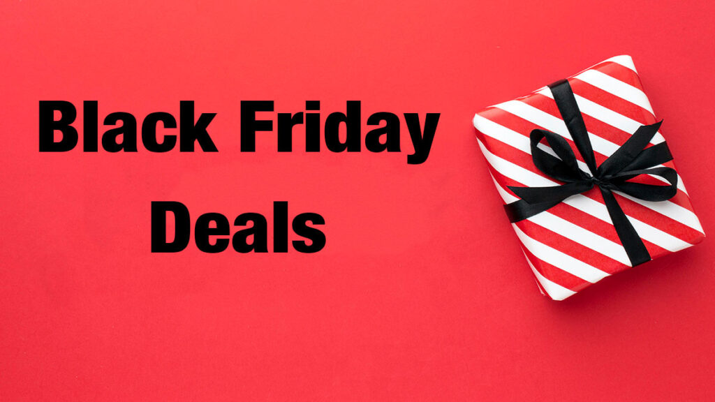 Words saying Black Friday Deals with Christmas package on red background.