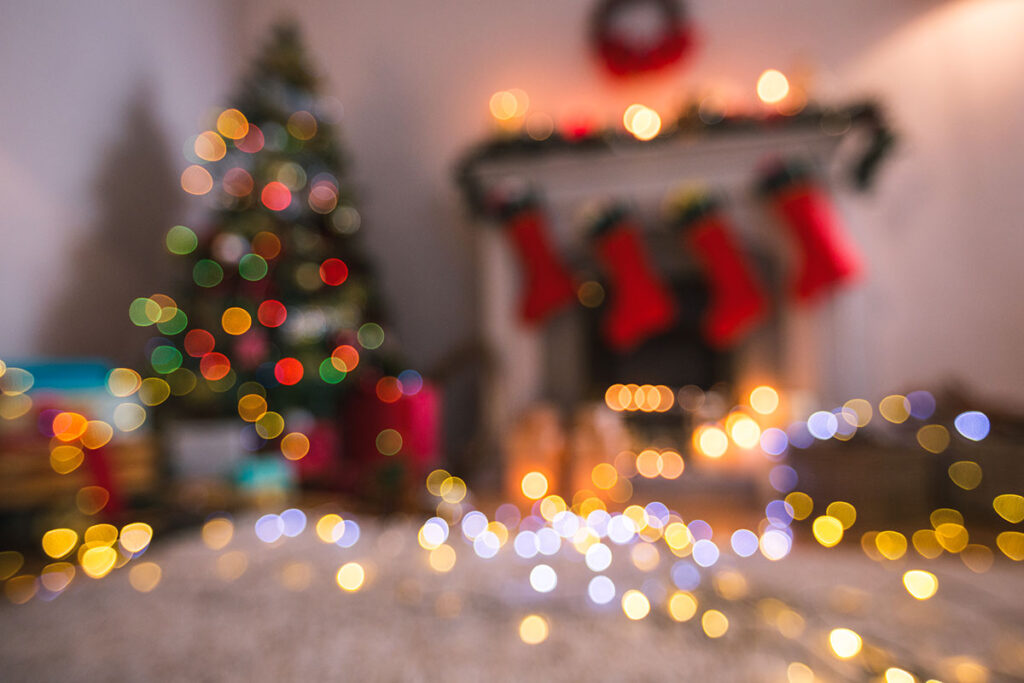 Blurred living room with colorful lights.