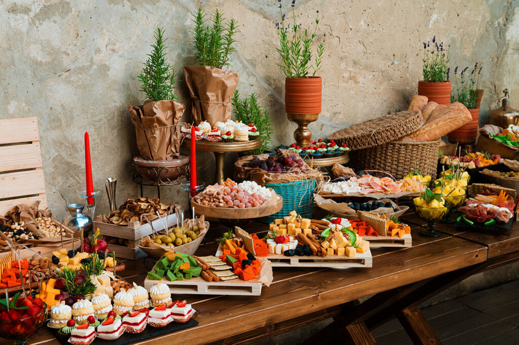 Delicious food arrangement on wooden table.