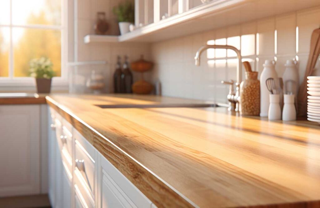 Empty wooden countertop bathed in natural light.