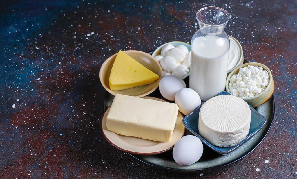 Fresh dairy products on a lazy Susan.