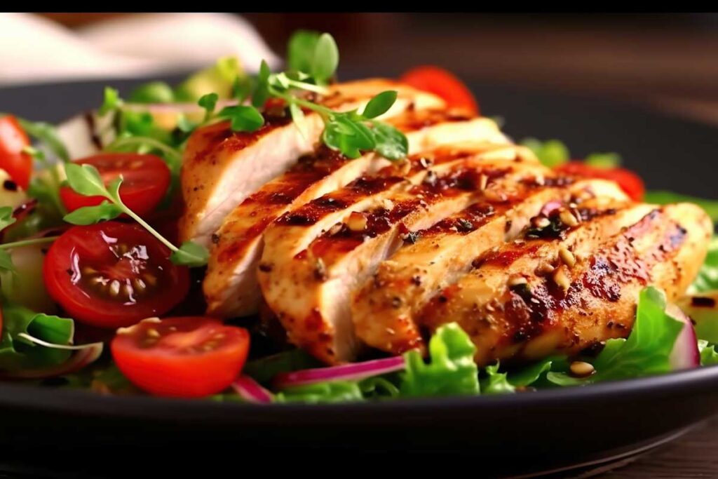 Grilled chicken breast fillet and fresh vegetable salad Healthy lunch menu.