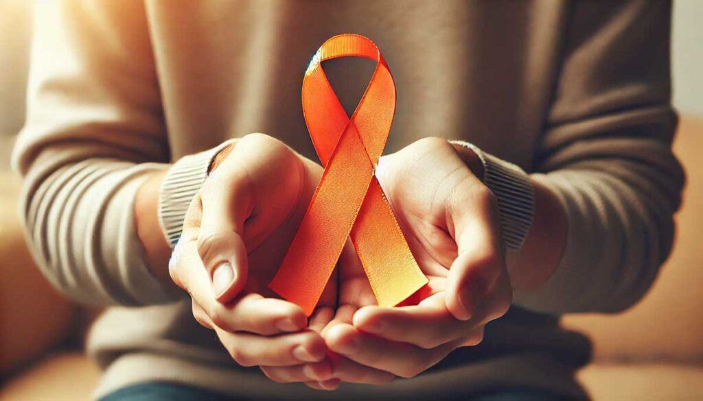 Hands holding orange awareness ribbon.