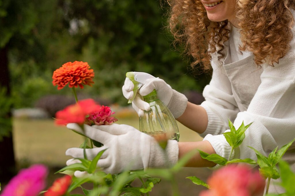 Happy red headed woman watering flowers.