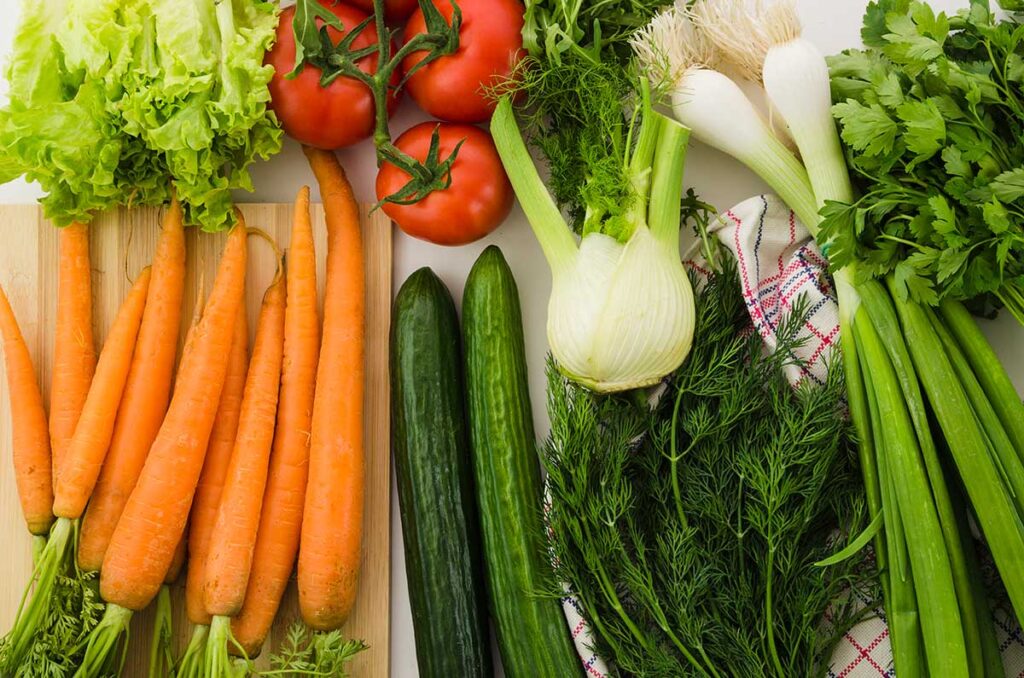 Looking down at healthy vegetables.