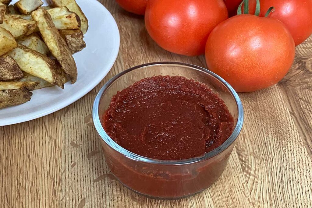 Homemade fries, tomatoes, and homemade ketchup.