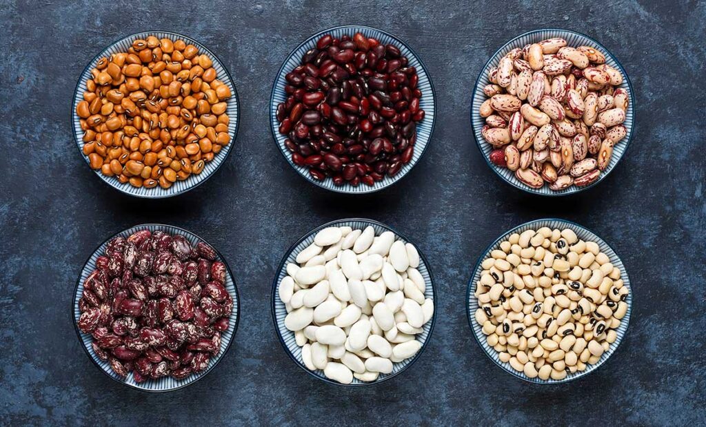 Legumes and beans assortment in different bowls on light stone surface.