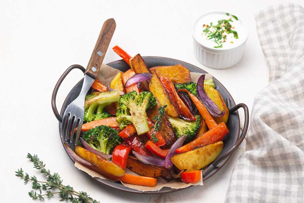 Roasted vegetables on a plate.