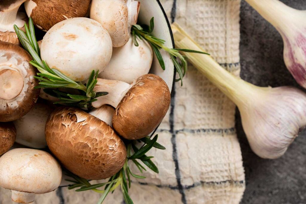 Mushrooms and garlic arrangement.