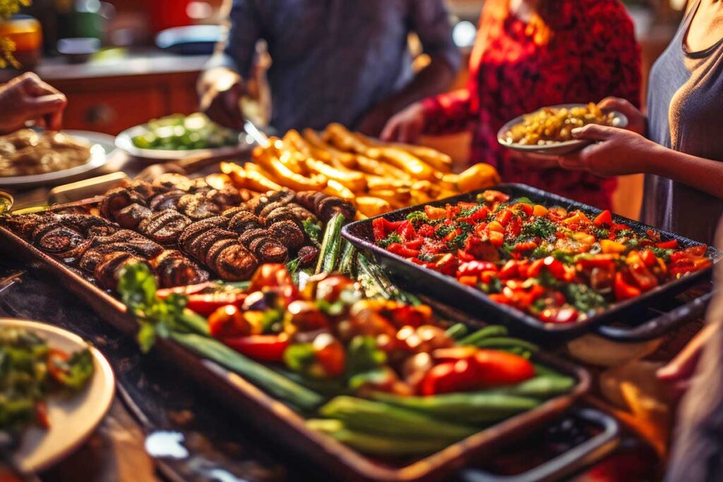 People gathered around a potluck.