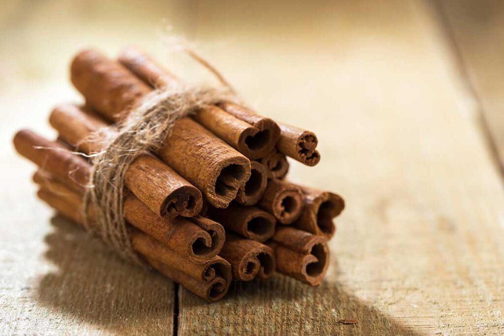 Stack of cinnamon sticks tied together with twine.