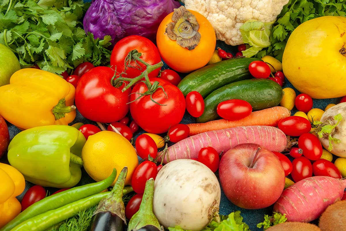 Top view of an assortment of different fruits and vegetables.