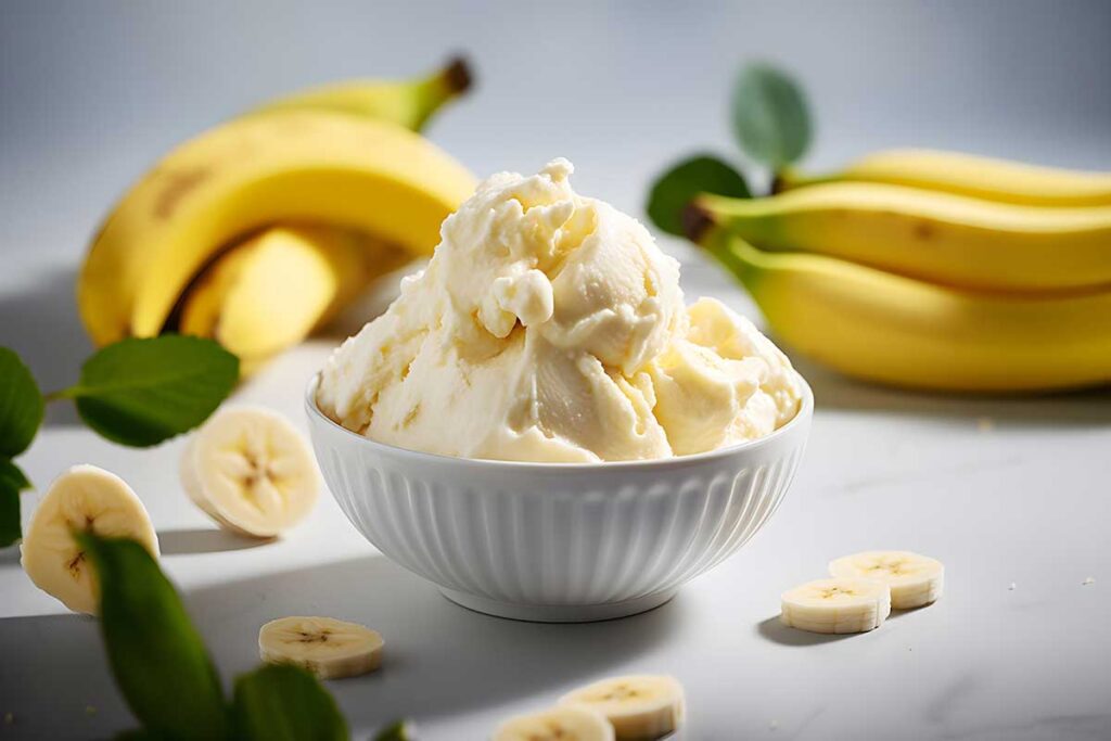 Delicious nice cream dessert with bananas in the background.