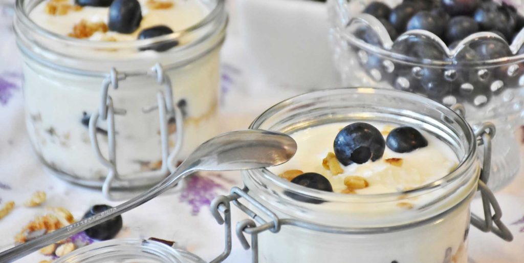 Homemade yogurt with blueberries and nuts.